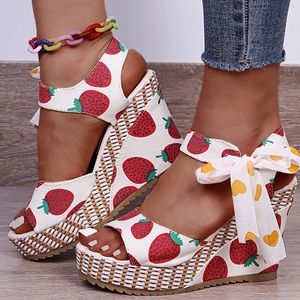 Strawberry Print Lace Up Wedge Sandals
